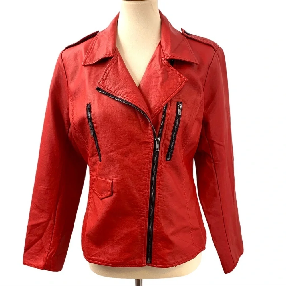 V Cristina Red Vegan Leather Moto Jacket